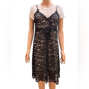 Elegant White T-Shirt Style Dress with Black Lace Overlay (2 pieces) Large